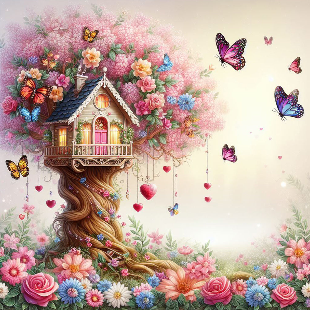 Diamond Painting - Full Round - Pink tree small house (30*30CM)