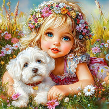 Load image into Gallery viewer, Diamond Painting - Full Round - White Dog Wreath Girl (40*40CM)
