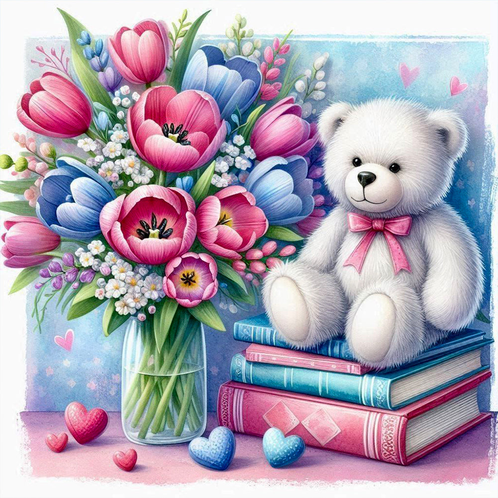 Diamond Painting - Full Round - White Bear With Vase On The Book (30*30CM)