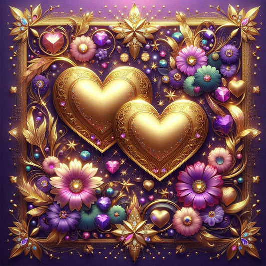 Diamond Painting - Full Round - Purple Flower Gold Double Heart (30*30CM)