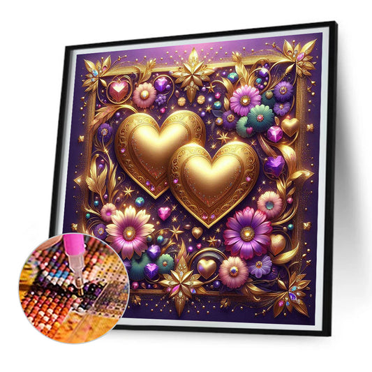 Diamond Painting - Full Round - Purple Flower Gold Double Heart (30*30CM)