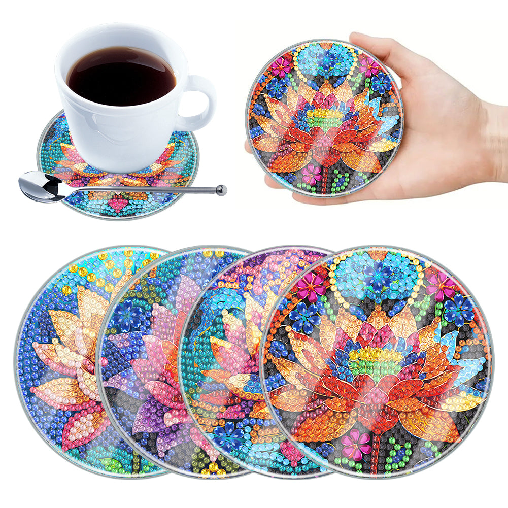 4Pcs Acrylic Special Shape Lotus DIY Waterproof Diamond Painting Coaster
