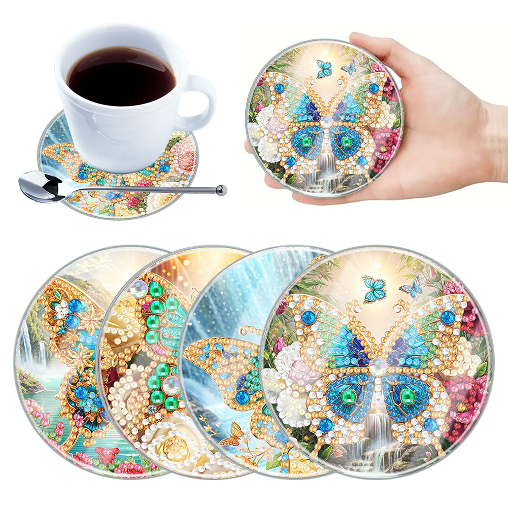 4Pcs Acrylic Special Shape Butterfly DIY Waterproof Diamond Painting Coaster