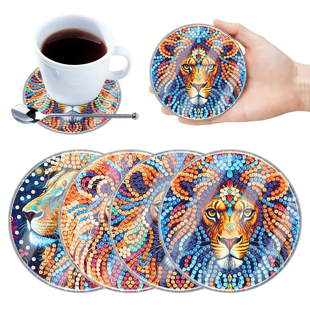 4Pcs Acrylic Special Shape Lion DIY Waterproof Diamond Painting Coaster