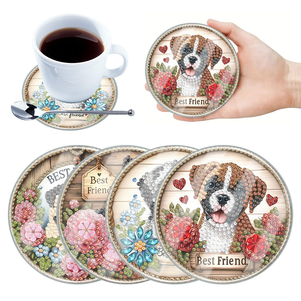 4Pcs Acrylic Special Shape Puppy DIY Waterproof Diamond Painting Coaster
