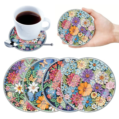 4Pcs Acrylic Special Shape Flower DIY Waterproof Diamond Painting Coaster