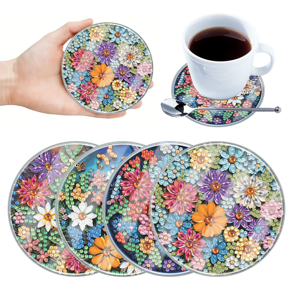 4Pcs Acrylic Special Shape Flower DIY Waterproof Diamond Painting Coaster