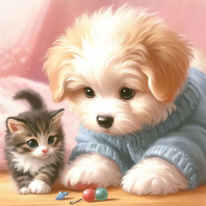Diamond Painting - Full Round - Mischievous Cat and Dog (30*30CM)