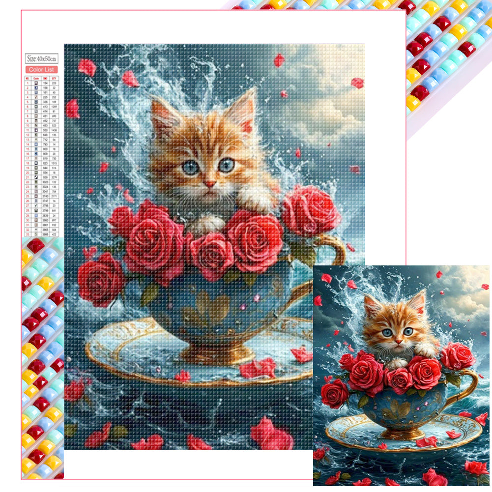 Diamond Painting - Full Square - Rose cat in teacup (40*50CM)