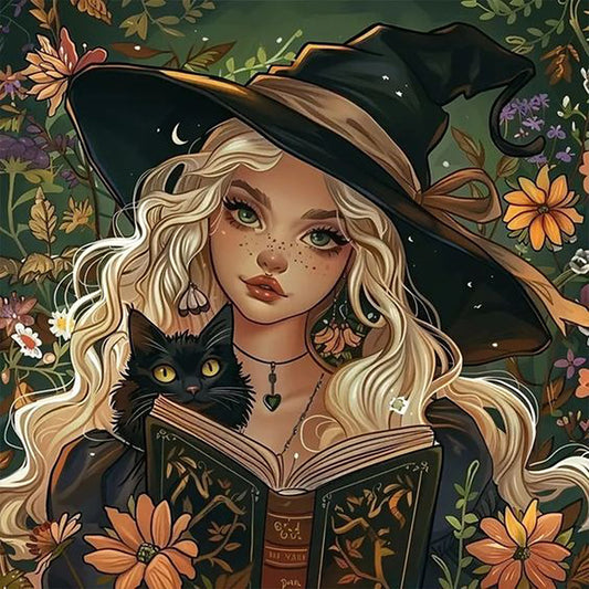 AB Diamond Painting - Full Round - Mysterious Witch and Black Cat (40*40CM)