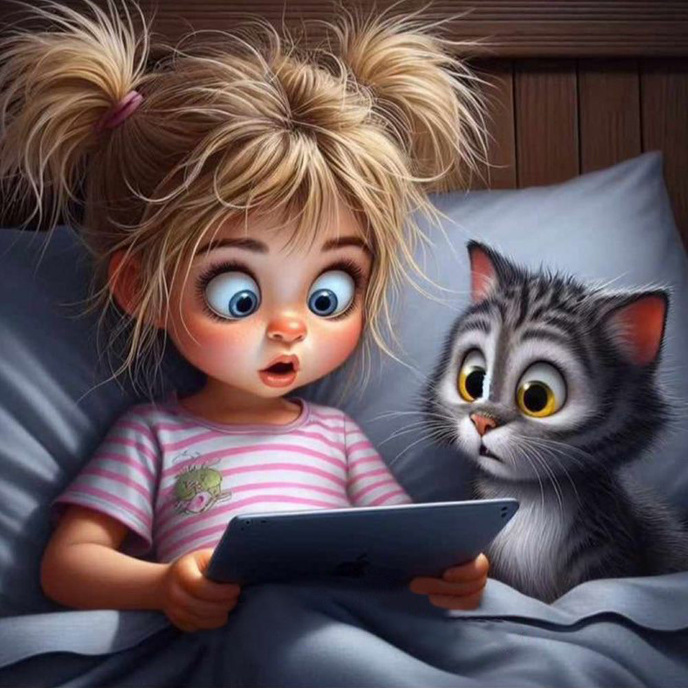 Diamond Painting - Full Round - Girl and cat who stay up late (40*40CM)