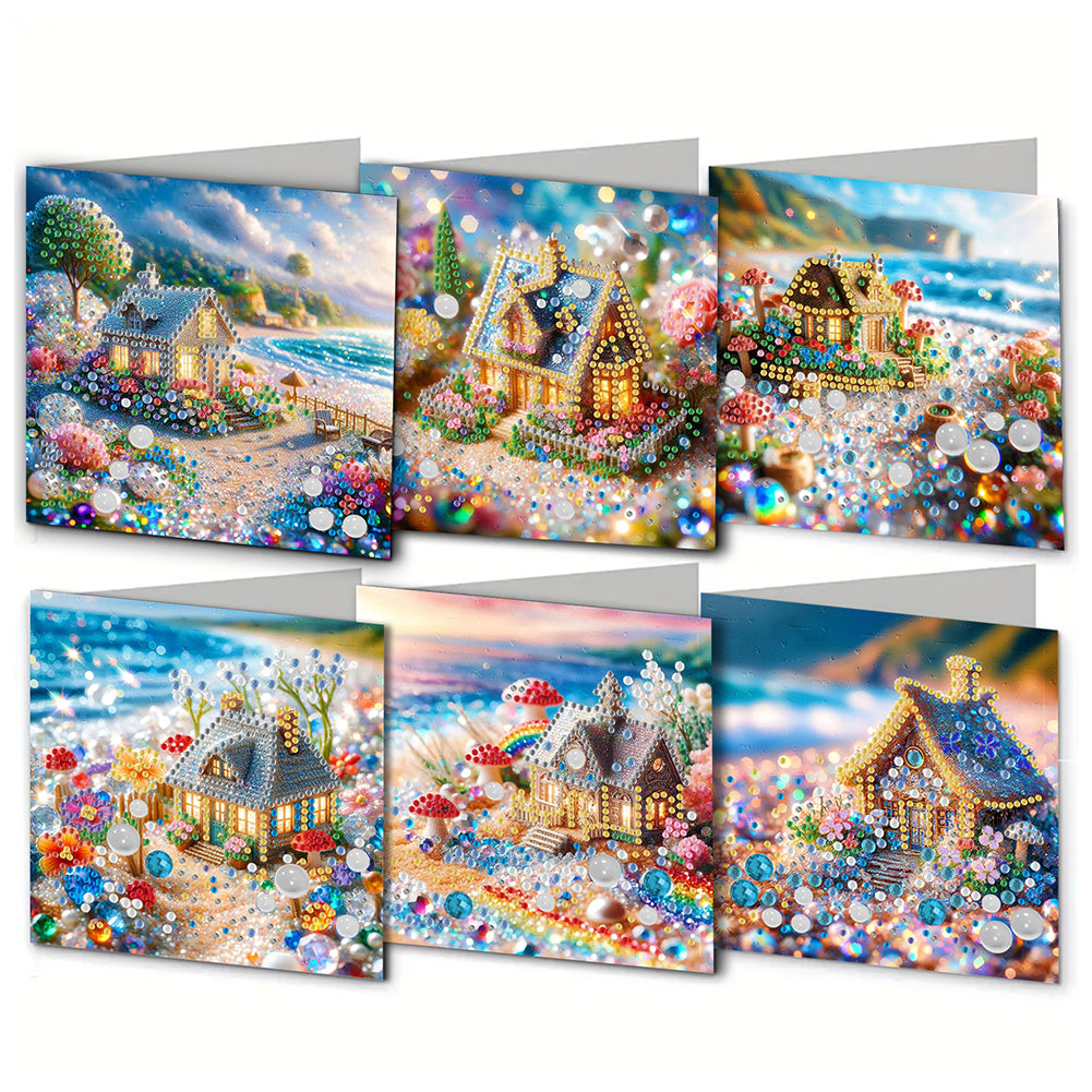 6Pcs House DIY Diamond Painting Greeting Card for Holiday Party Favors