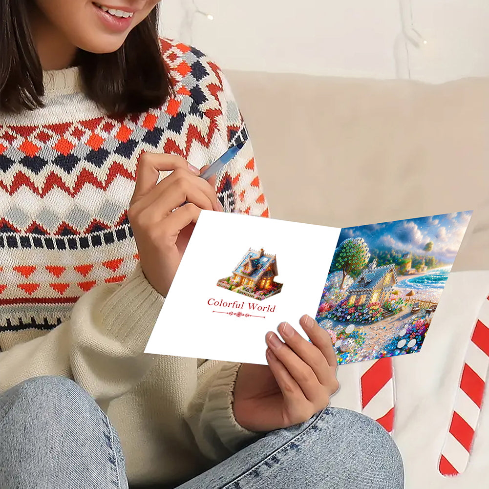 6Pcs House DIY Diamond Painting Greeting Card for Holiday Party Favors