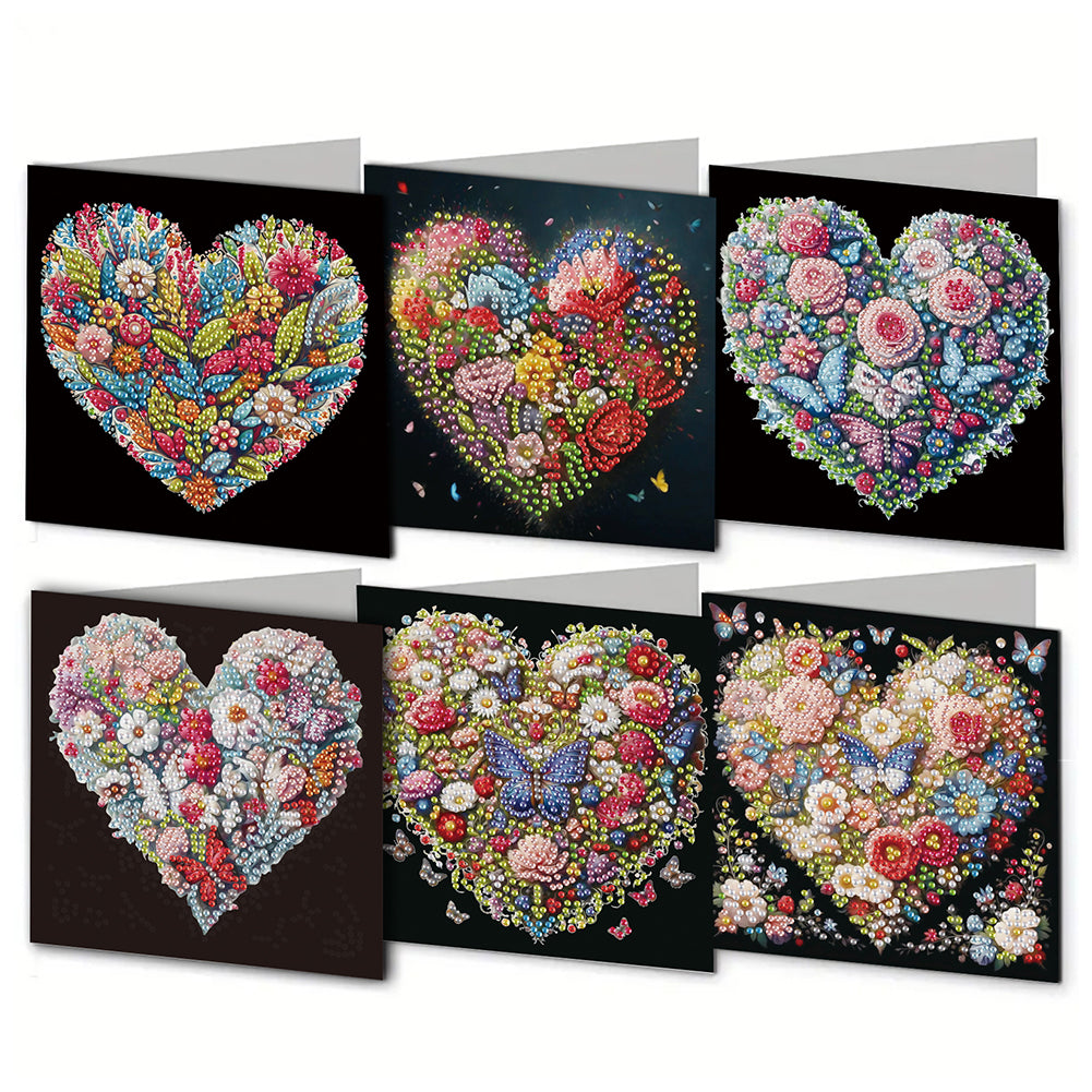 6Pcs Heart Flower DIY Diamond Painting Greeting Card for Holiday Party Favors