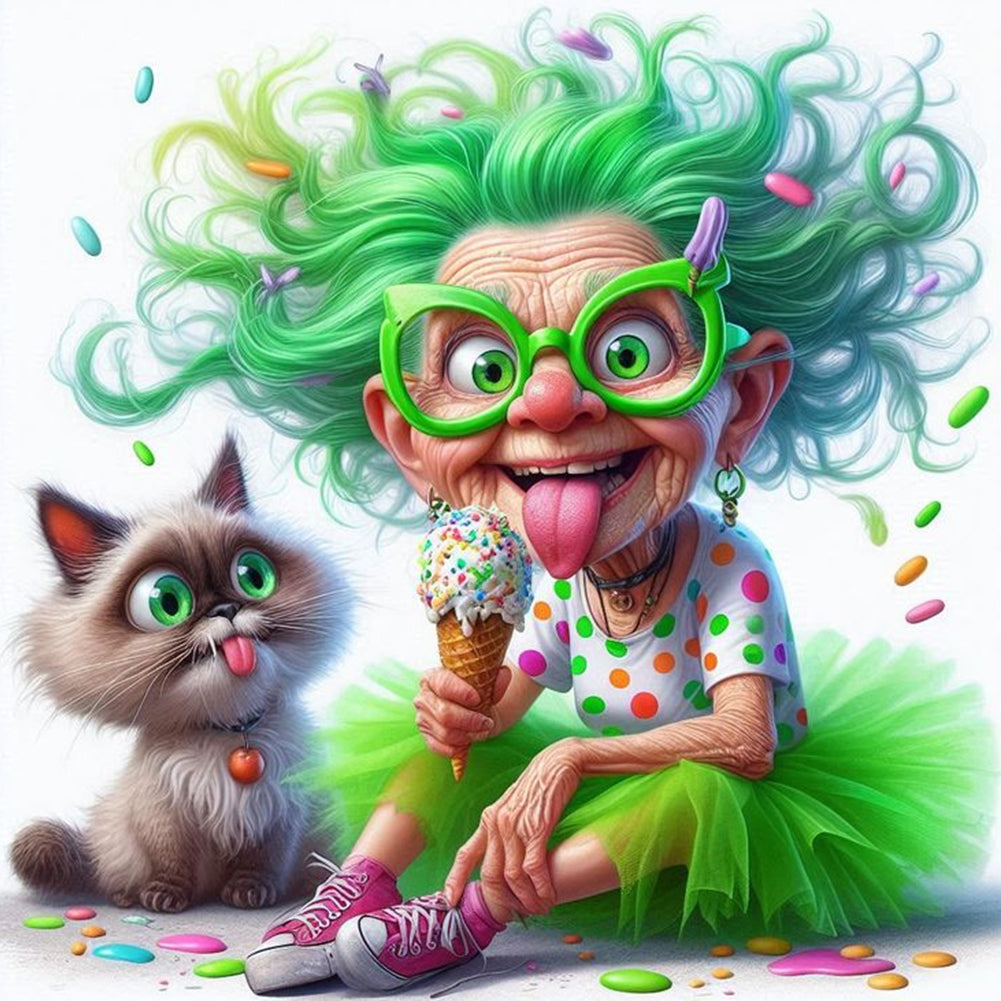 Diamond Painting - Full Round - Cat and green-haired grandma (40*40CM)
