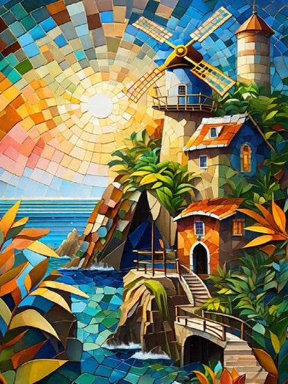 Diamond Painting - Full Round - Glass art seaside house (40*60CM)
