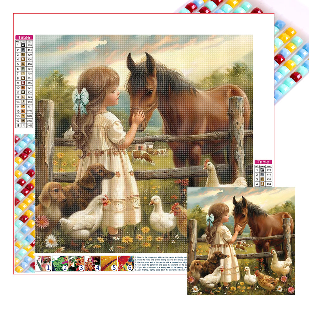 Diamond Painting - Full Square - Feeding horses on the farm (40*40CM)