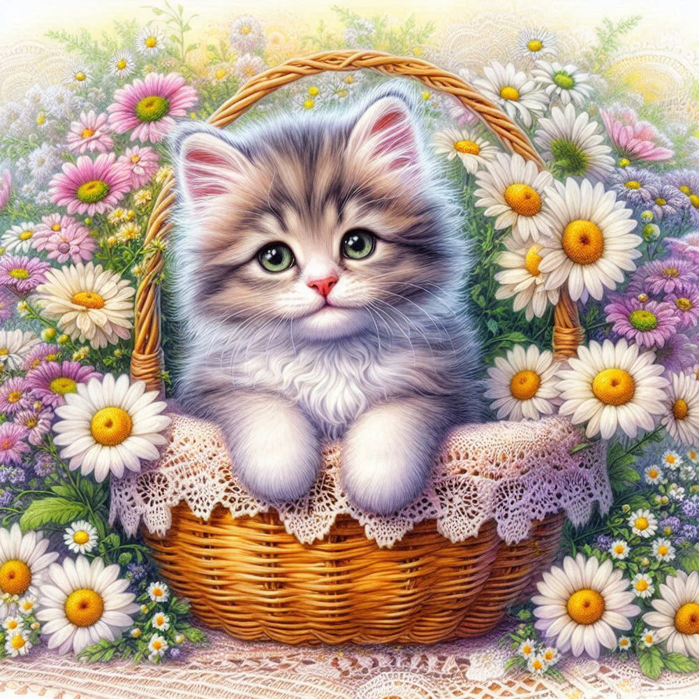 Diamond Painting - Full Round - Daisy flower basket kitten (40*40CM)