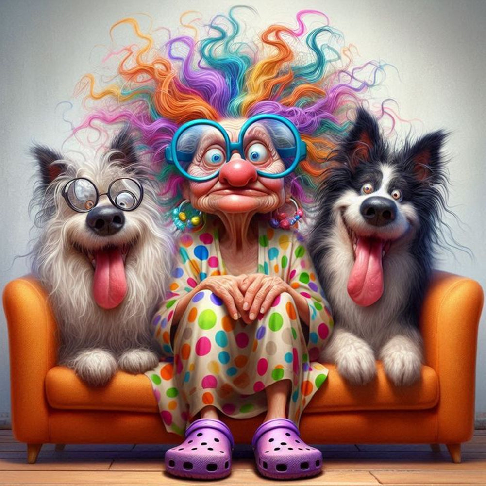 Diamond Painting - Full Round - Two dogs and grandma (40*40CM)
