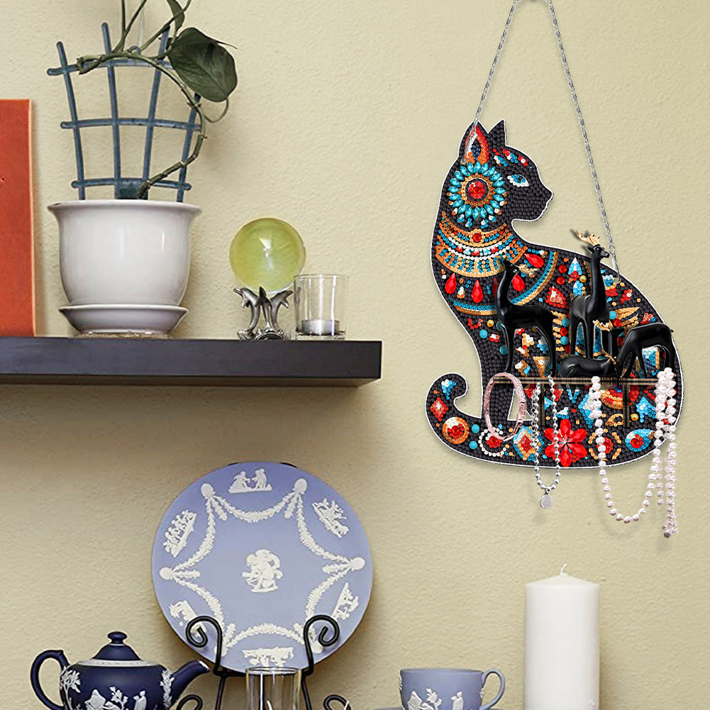 Gemstone Black Cat Diamond Painting Ornaments with Shelf for Garden Window Decor