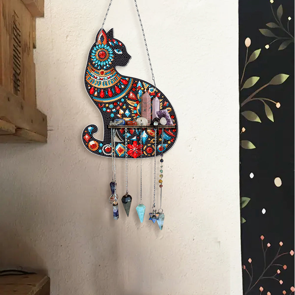 Gemstone Black Cat Diamond Painting Ornaments with Shelf for Garden Window Decor