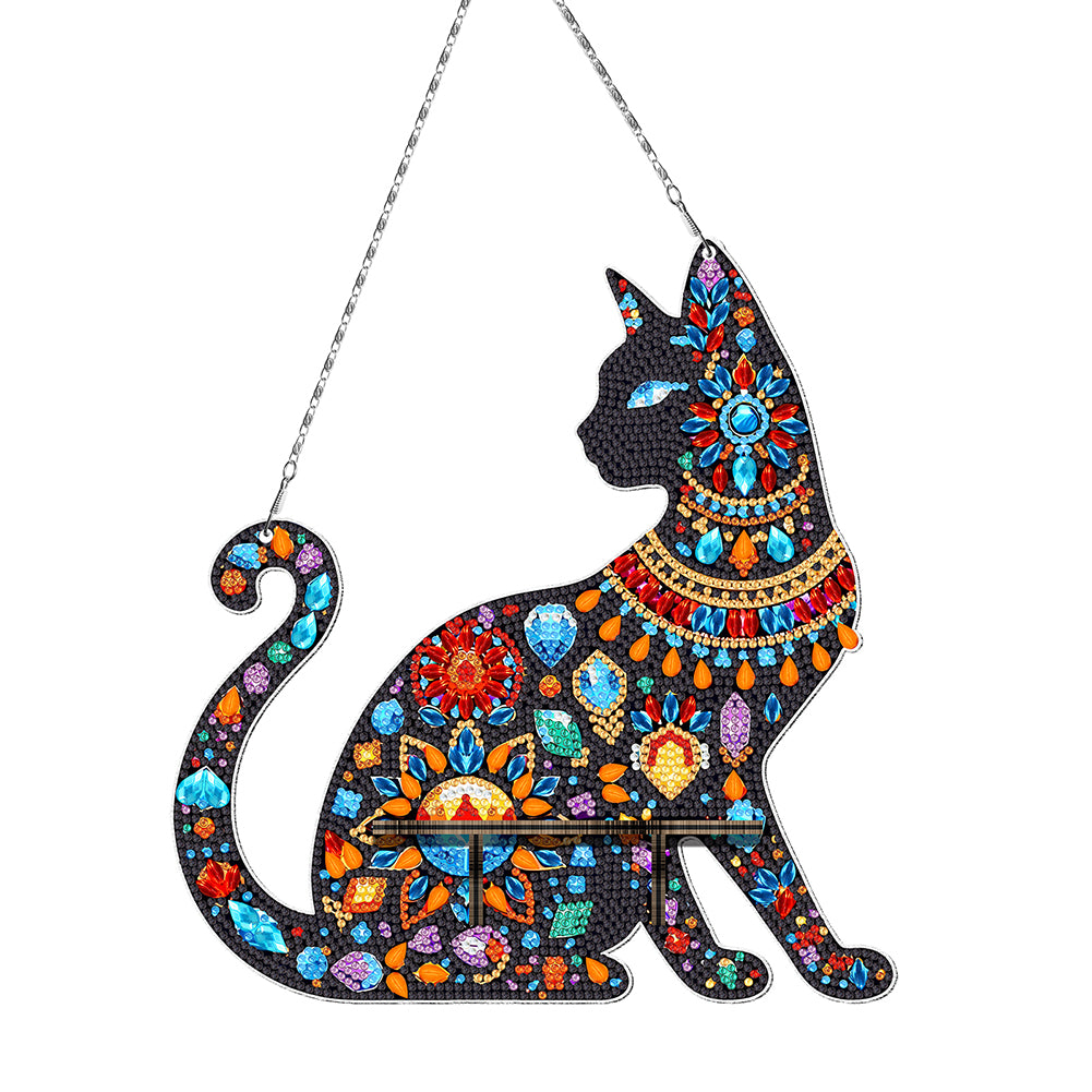 Gemstone Black Cat Diamond Painting Ornaments with Shelf for Garden Window Decor