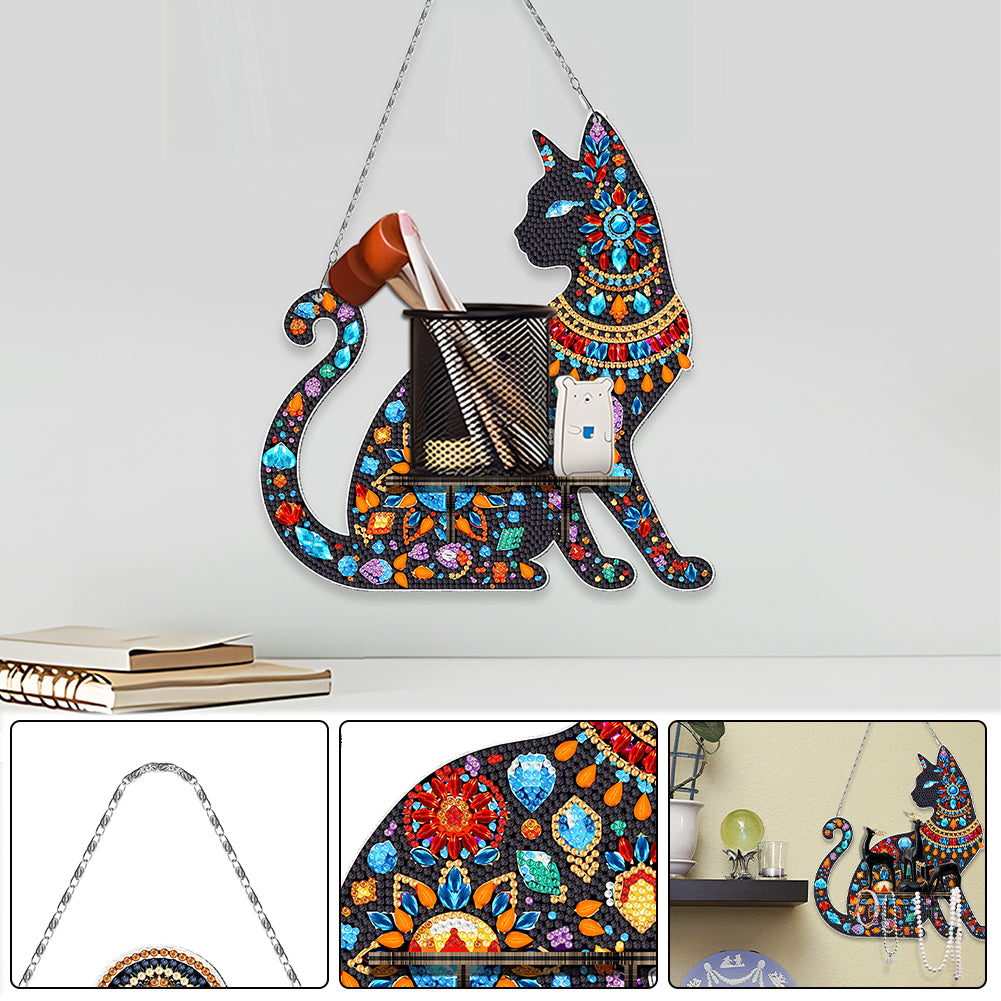 Gemstone Black Cat Diamond Painting Ornaments with Shelf for Garden Window Decor