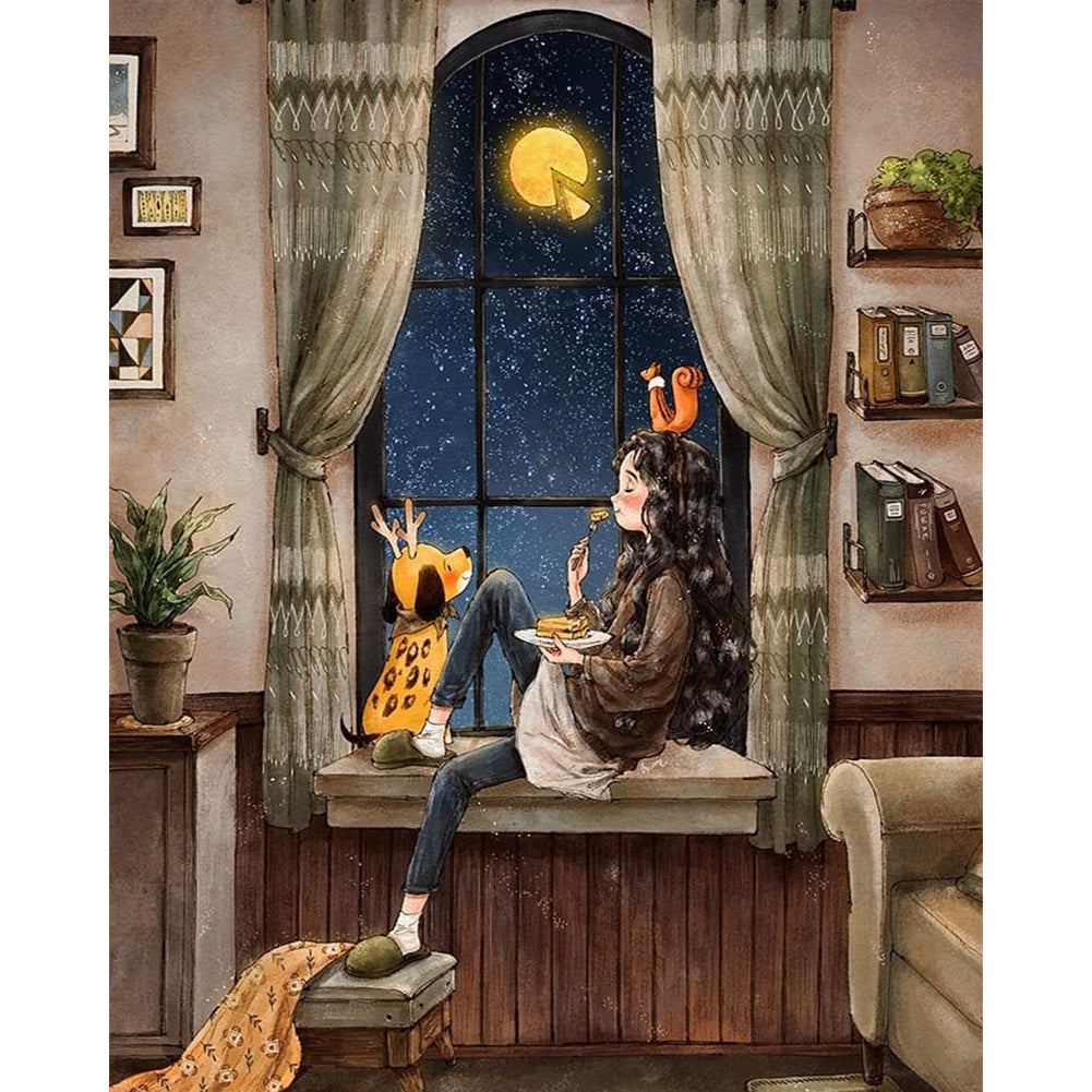 Diamond Painting - Full Round - Moon watching girl (40*50CM)