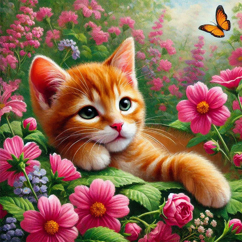 Diamond Painting - Full Round - Orange cat in the flowers (30*30CM)