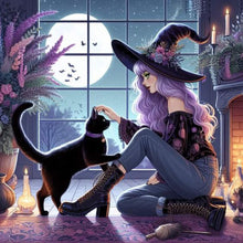 Load image into Gallery viewer, Diamond Painting - Full Round - Witch and black cat (40*40CM)
