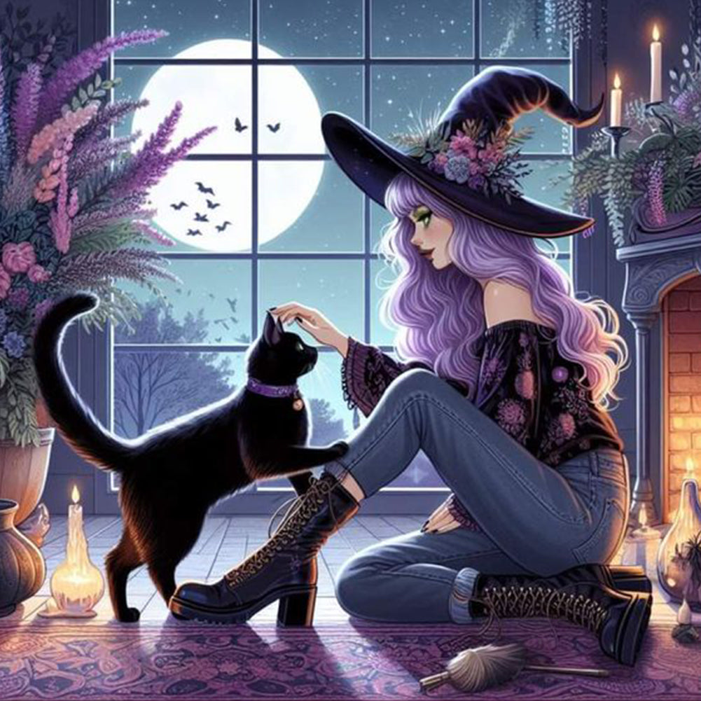 Diamond Painting - Full Round - Witch and black cat (40*40CM)