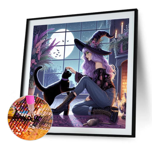 Diamond Painting - Full Round - Witch and black cat (40*40CM)