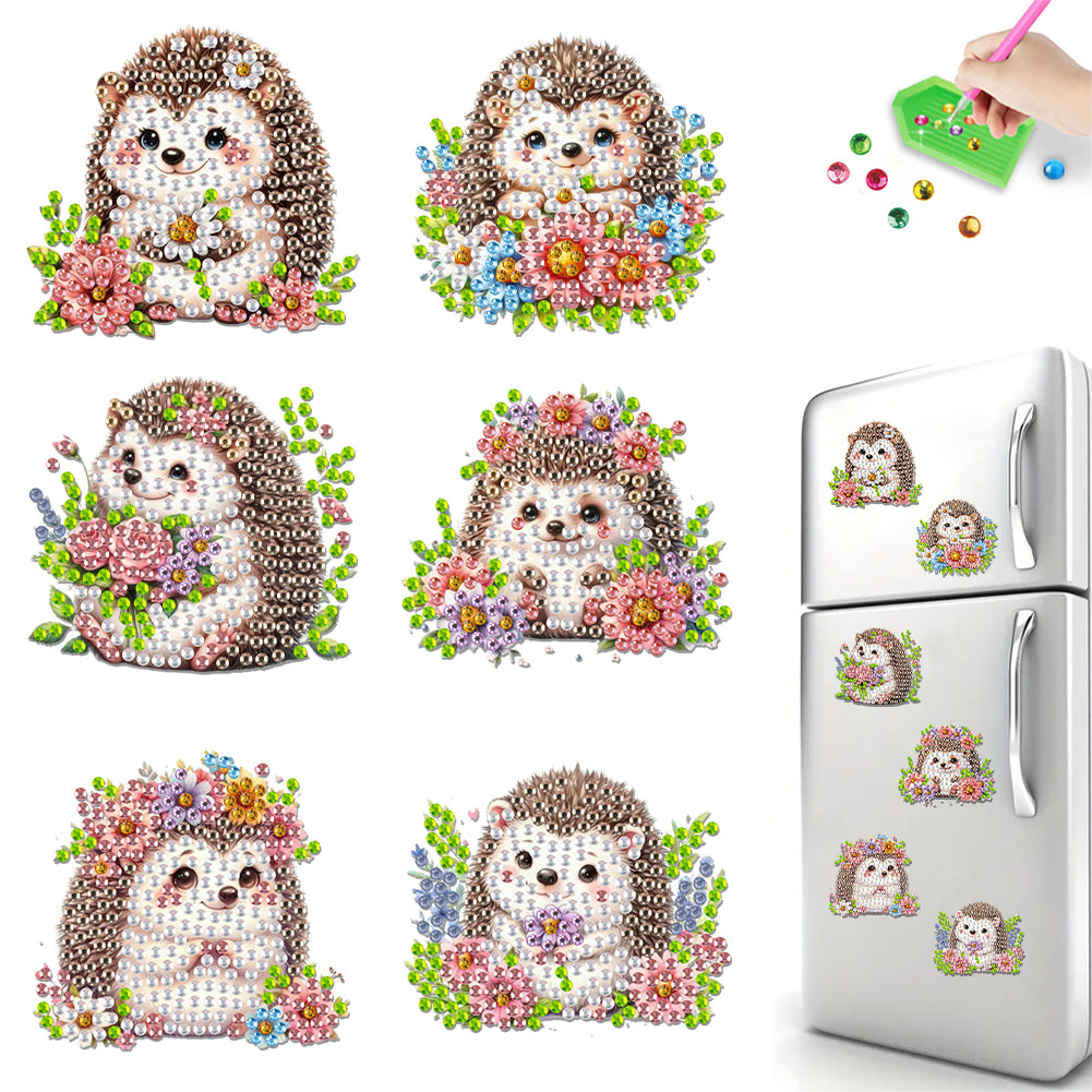 6Pcs Acrylic Spring Flower Hedgehog DIY Diamond Art Refrigerator Magnets Sticker