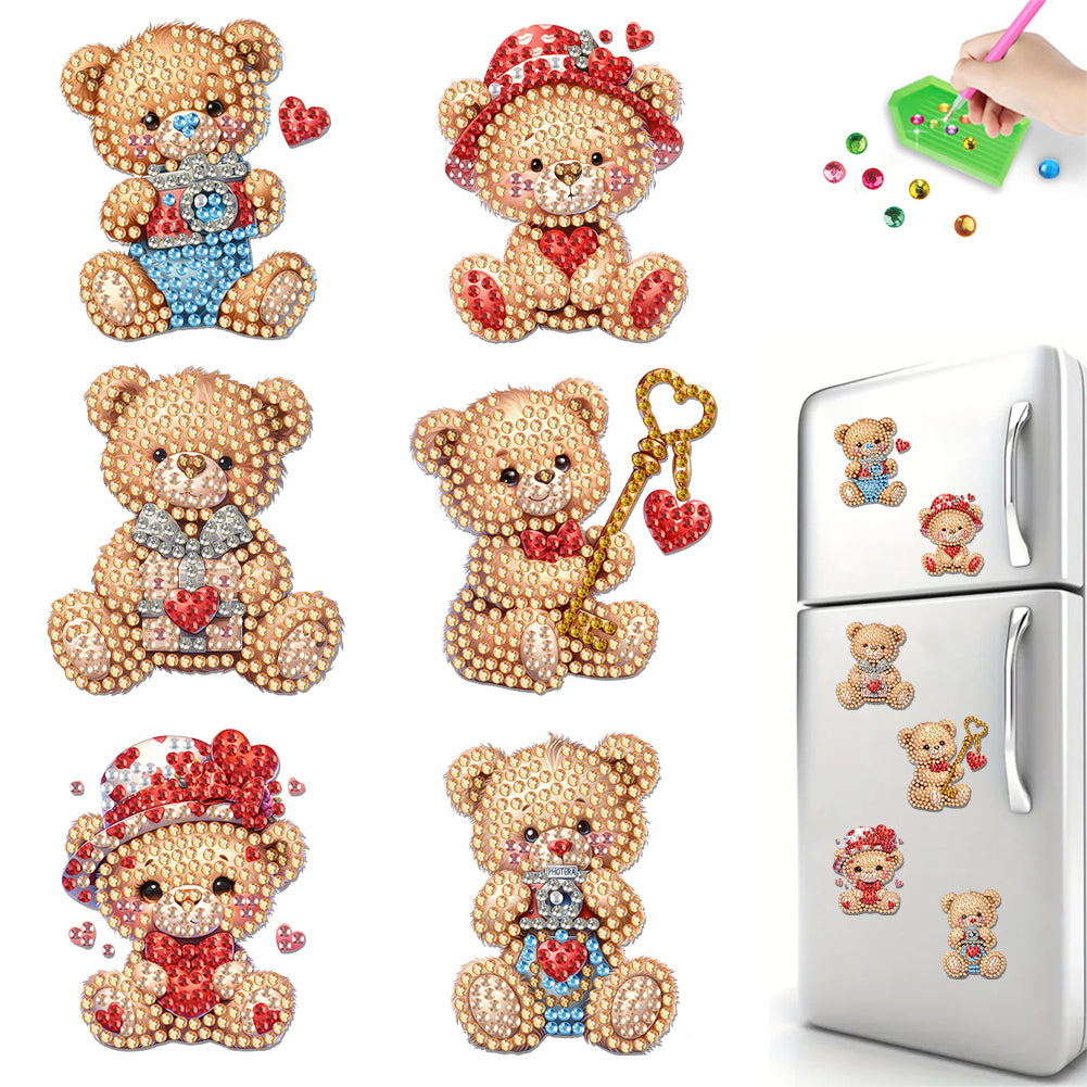 6Pcs Acrylic Valentine Day Love Bear Diamond Art Refrigerator Magnets Sticker
