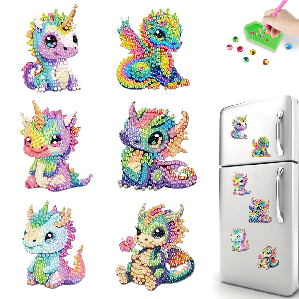 6Pcs Acrylic Dinosaur DIY Diamond Art Refrigerator Magnets Sticker for Beginners