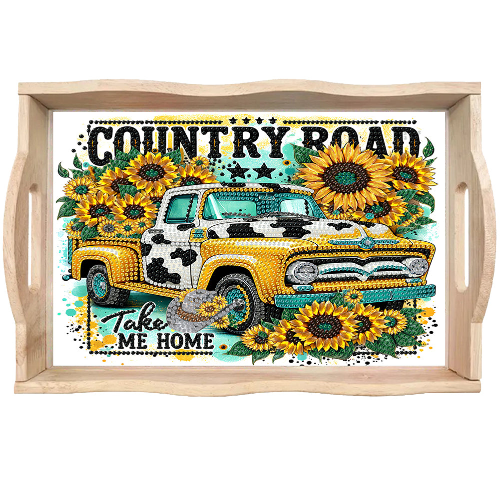 Wood Sunflower Car 5D Diamond Painting Tray Art Craft for Desk Coffee Table