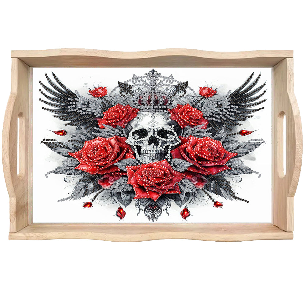 Wood Skull Red Rose 5D Diamond Painting Tray Art Craft for Desk Coffee Table