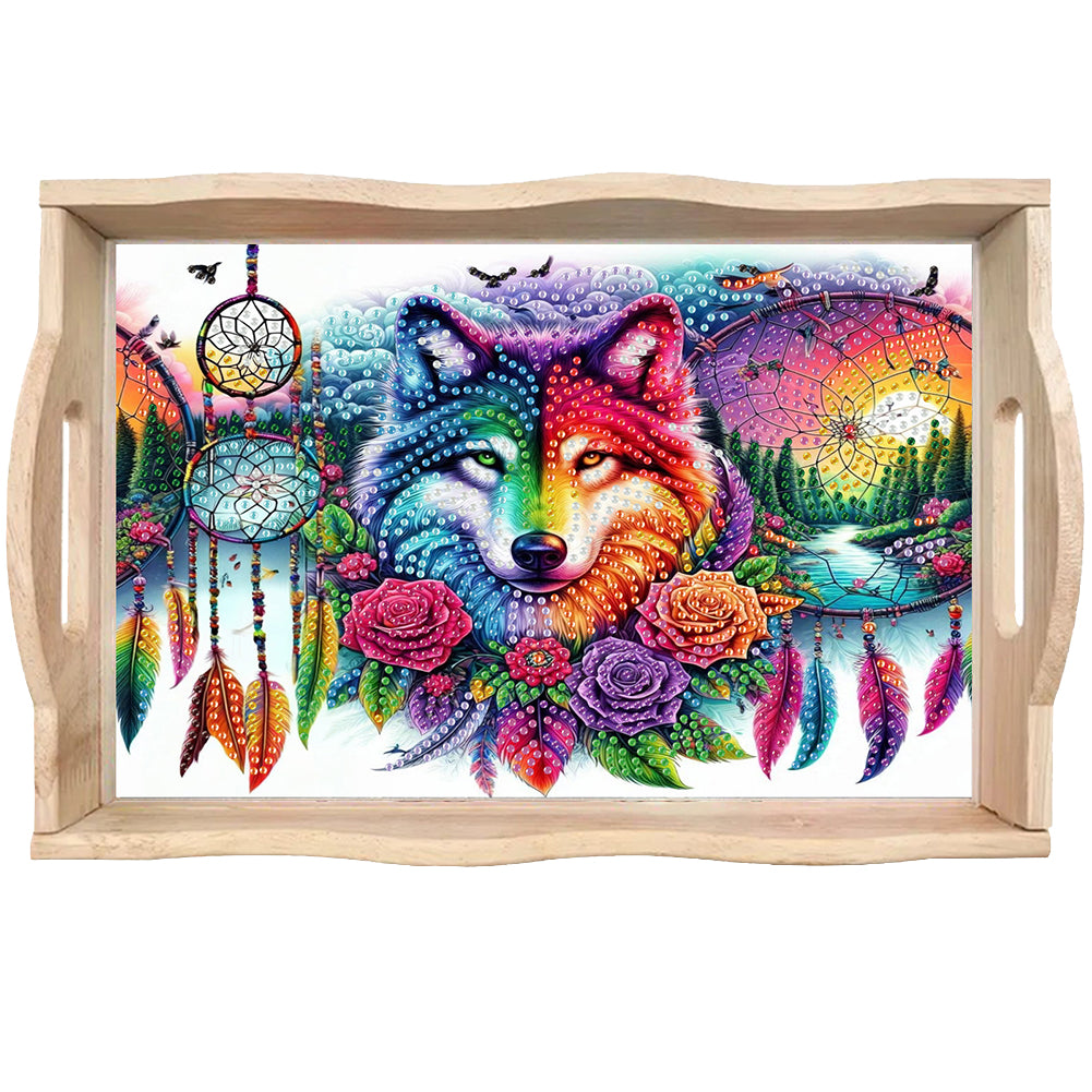 Wood Wolf Dream Catcher 5D Diamond Painting Tray Art Craft for Desk Coffee Table