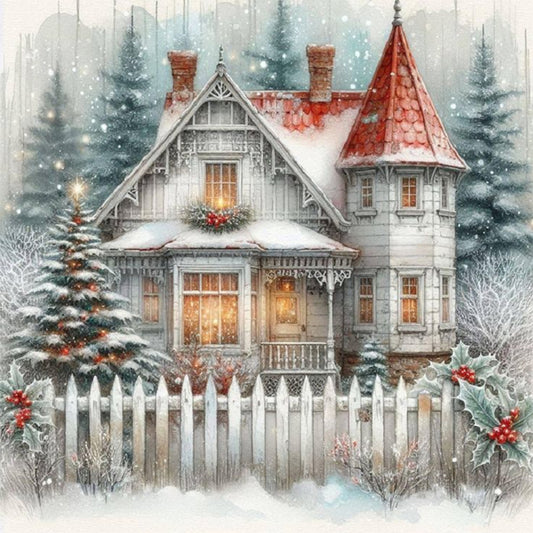 Diamond Painting - Full Round - Winter white and red house (30*30CM)