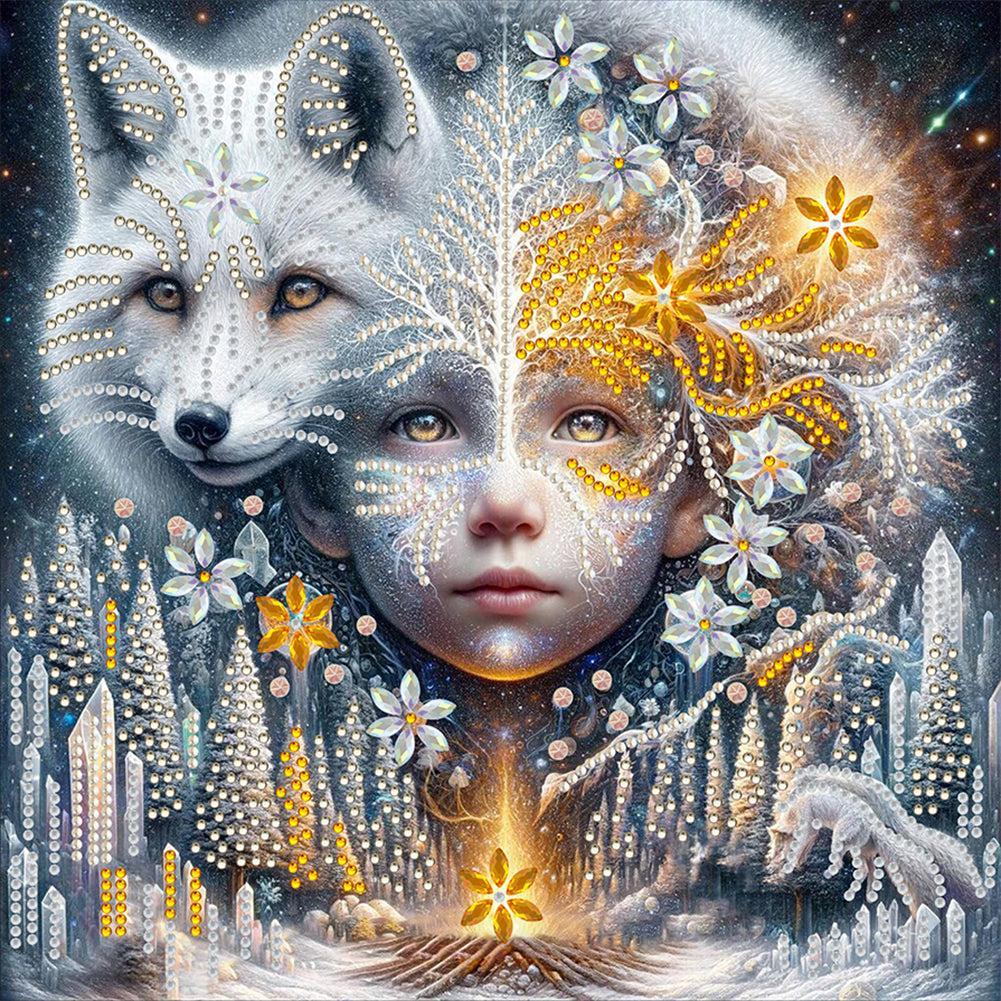 Diamond Painting - Full Round - Children's white fox tree of life (30*30CM)
