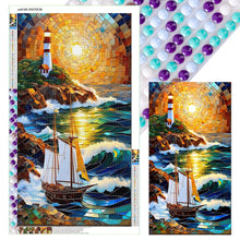 Load image into Gallery viewer, Diamond Painting - Full Round - Sunrise Sailboat Lighthouse Glass Painting (40*70CM)
