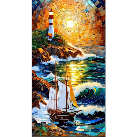 Diamond Painting - Full Round - Sunrise Sailboat Lighthouse Glass Painting (40*70CM)