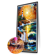 Load image into Gallery viewer, Diamond Painting - Full Round - Sunrise Sailboat Lighthouse Glass Painting (40*70CM)
