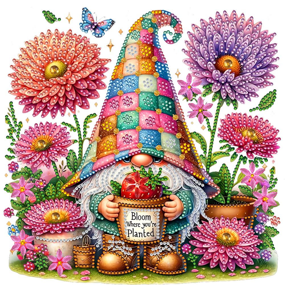 Diamond Painting - Partial Special Shaped - Flowers And Gnomes (30*30CM)