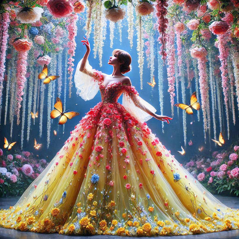 Diamond Painting - Full Round - Girl In Floral Dress (40*40CM)