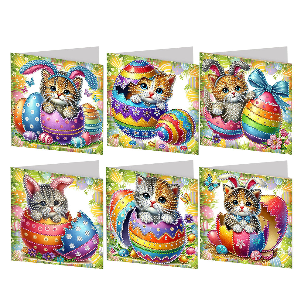 6Pcs Easter Cats Diamond Painting Card Rhinestone Art Card for Party Favors