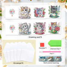 Load image into Gallery viewer, 6Pcs Teacup Kitten DIY Diamond Painting Card Diamond Drawing Card for Friends
