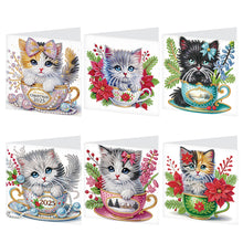 Load image into Gallery viewer, 6Pcs Teacup Kitten DIY Diamond Painting Card Diamond Drawing Card for Friends
