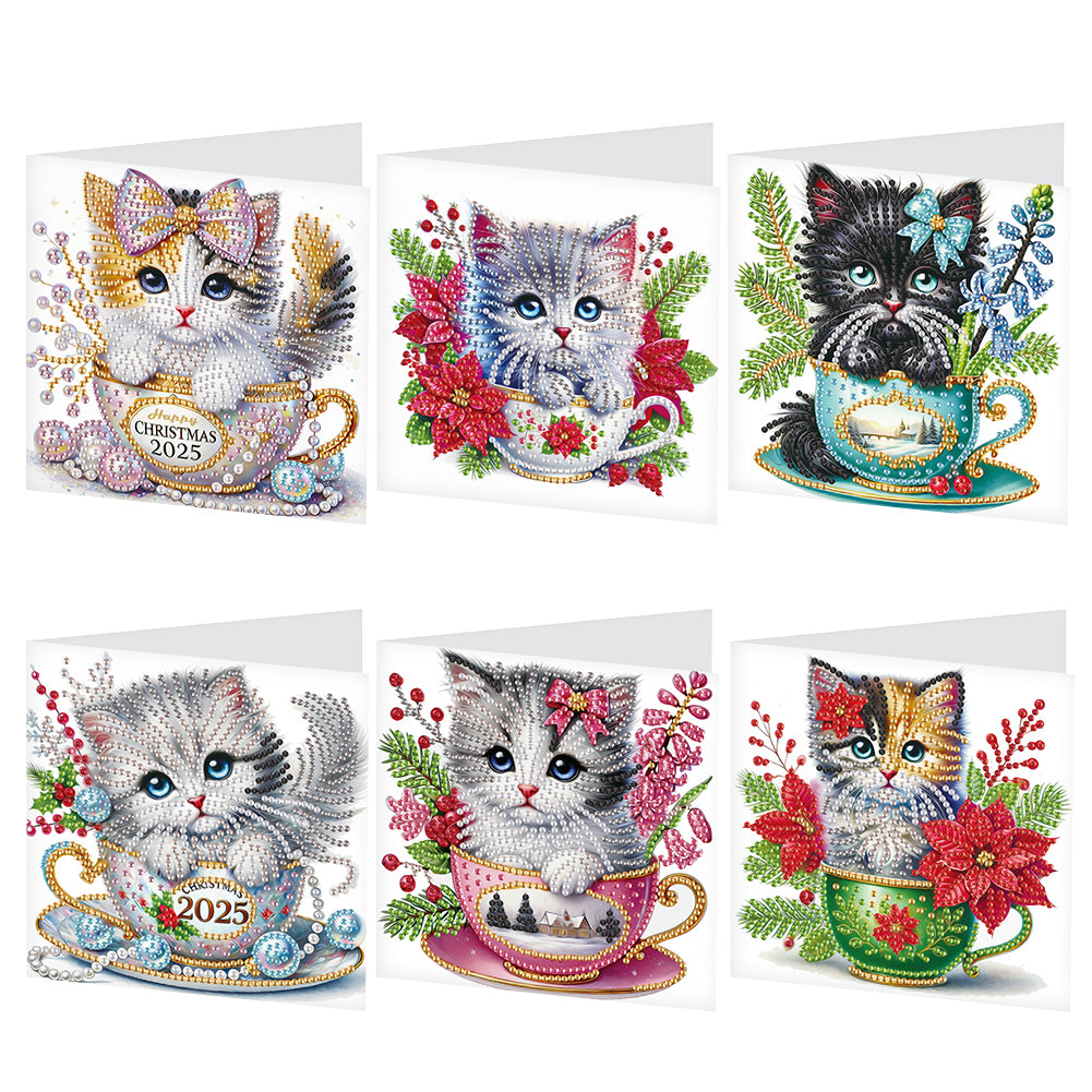 6Pcs Teacup Kitten DIY Diamond Painting Card Diamond Drawing Card for Friends