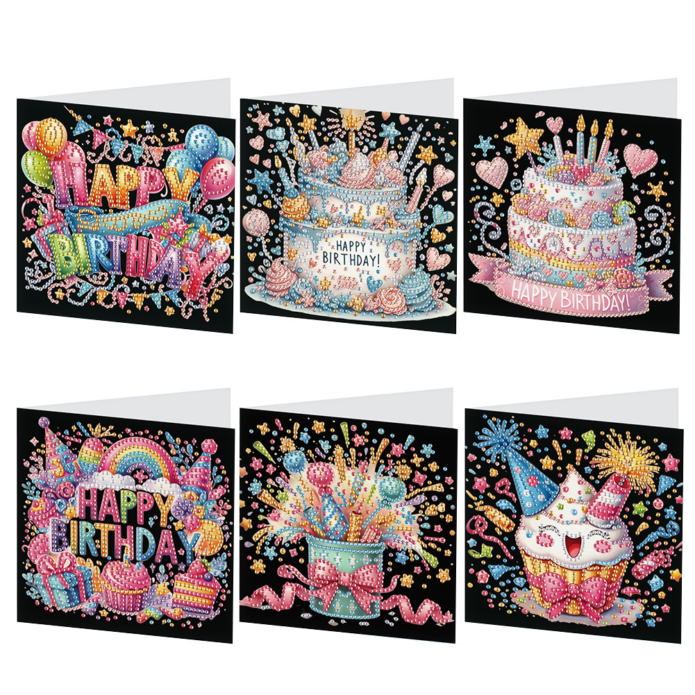 6Pcs Birthday Cake DIY Diamond Painting Card Diamond Drawing Card for Friends